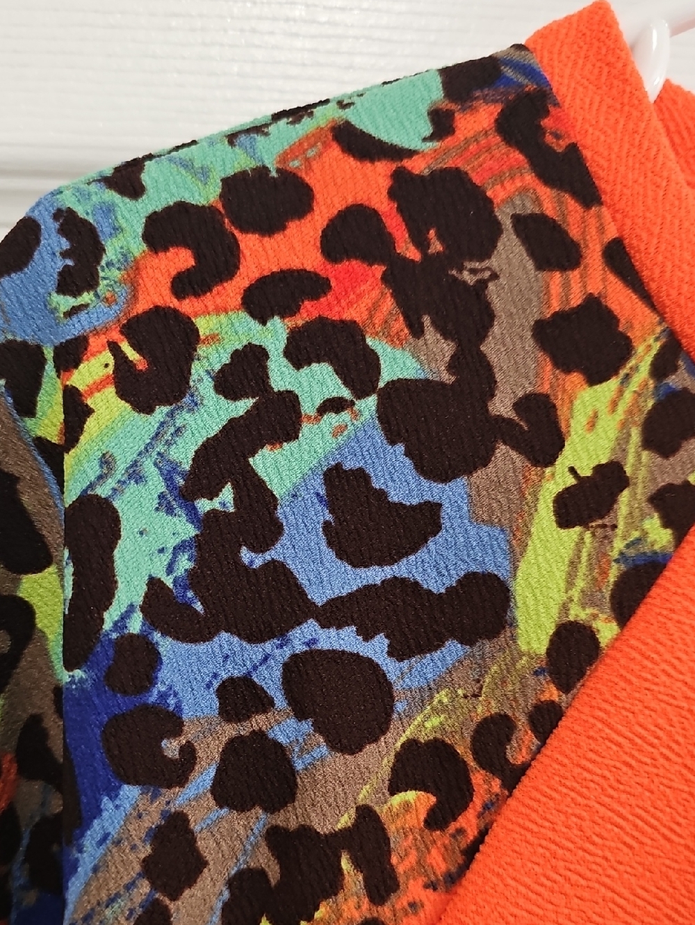 Women's Orange Sweatshirt with Multicolor Animal-Print Raglan Sleeves - Picture 5 of 7
